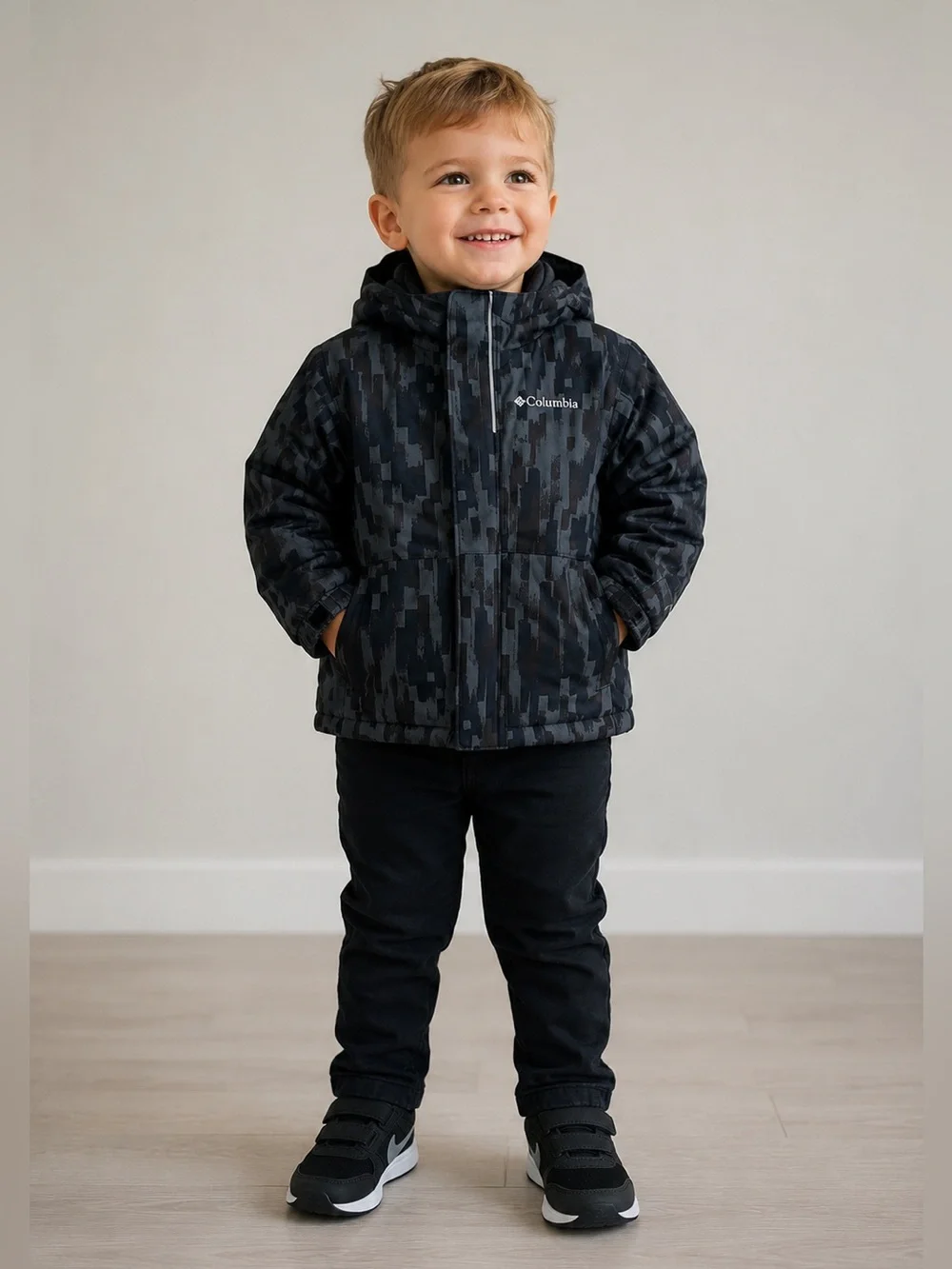 Columbia Boys Hooded Winter Coat 2T Black Gray Digital Camo Waterproof Jacket